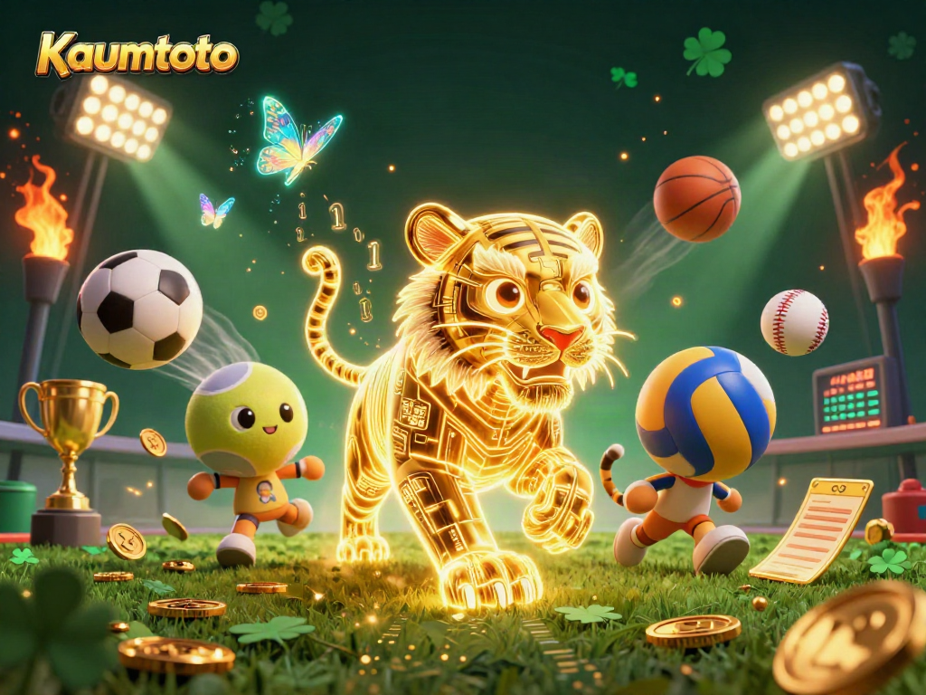 Kaumtoto showcases a thrilling digital casino scene with a neon tiger and dynamic sports elements.