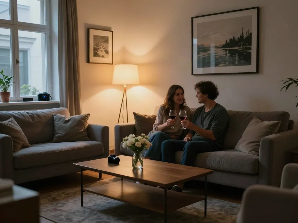 Cozy and elegant living room in דירות דיסקרטיות, perfect for intimate moments.