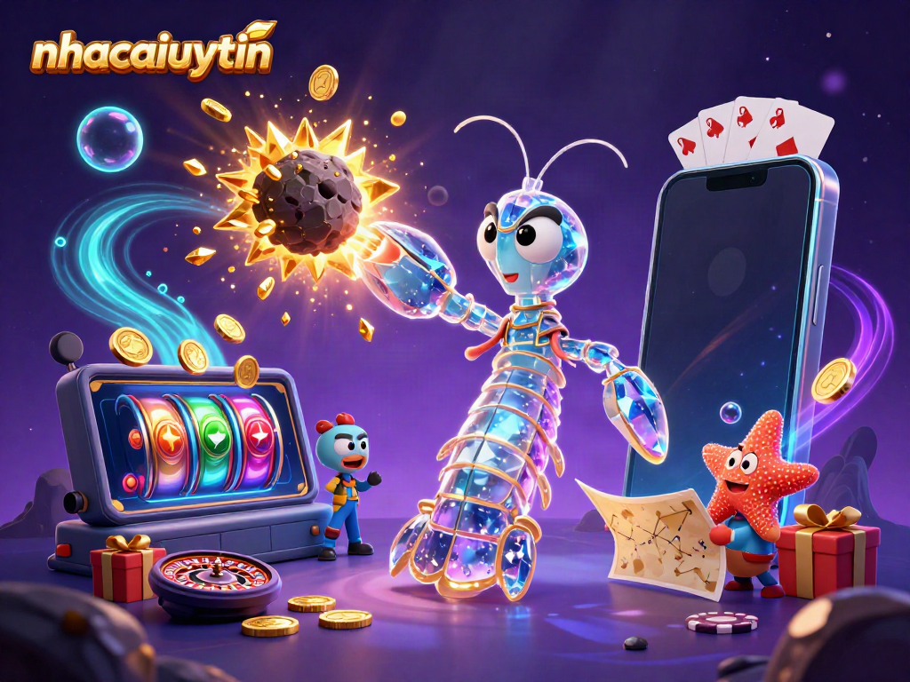 Engage with thrilling action in nhacaiuytin's vibrant casino universe featuring a galactic samurai amidst swirling gems and casino elements.