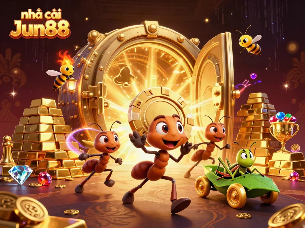 Join the adventure at nhà cái Jun88 where ants carry a golden poker chip through dazzling treasures.