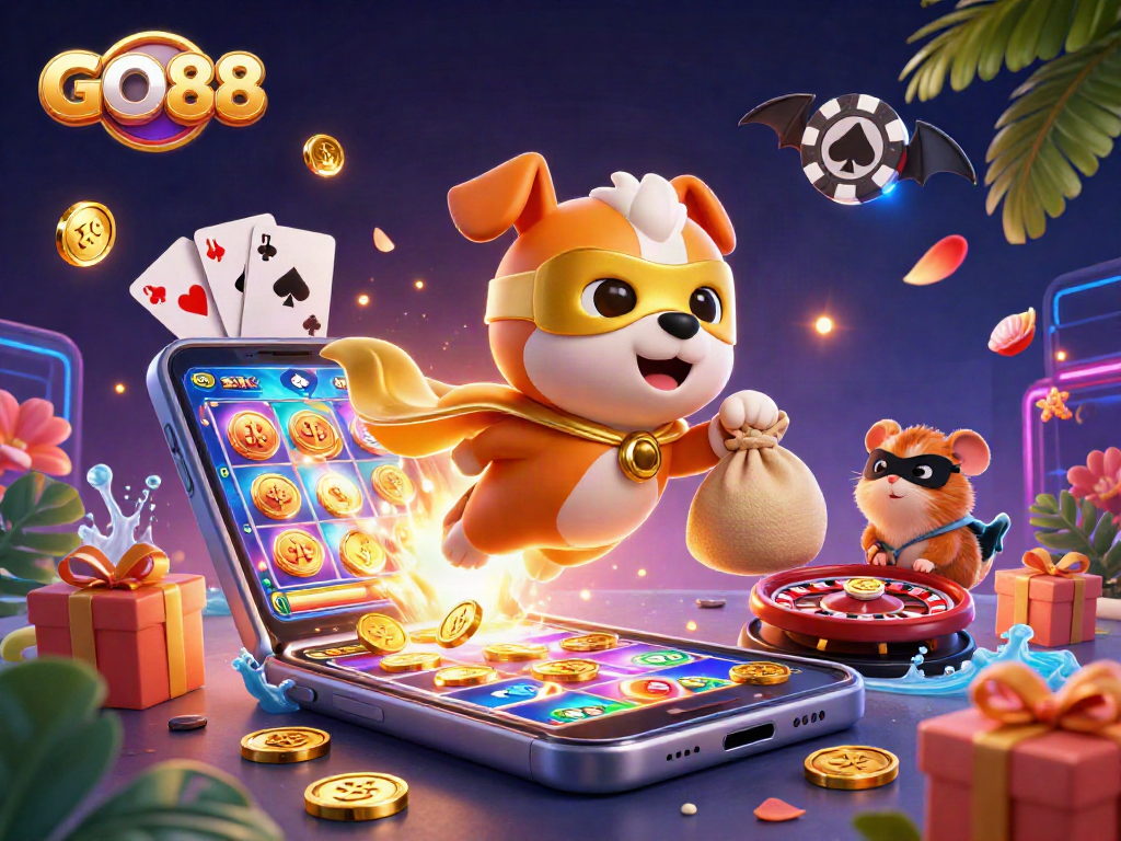 Experience thrilling gameplay with GO88 as the superhero dog flies through vibrant casino elements.