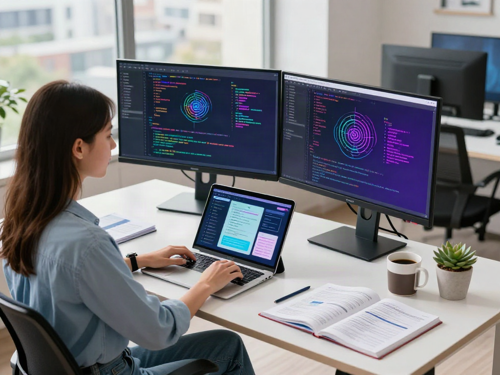 Developer coding an AI gf application in a modern workspace with dual monitors and urban views.