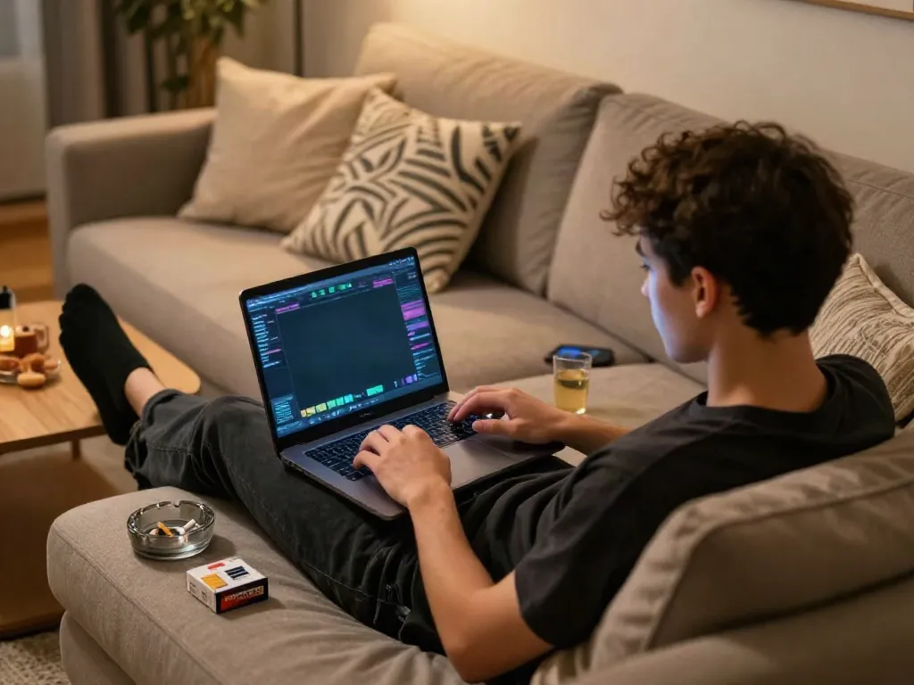 Young adult enjoying ROKOK88 while relaxing on a sofa with snacks and drinks.
