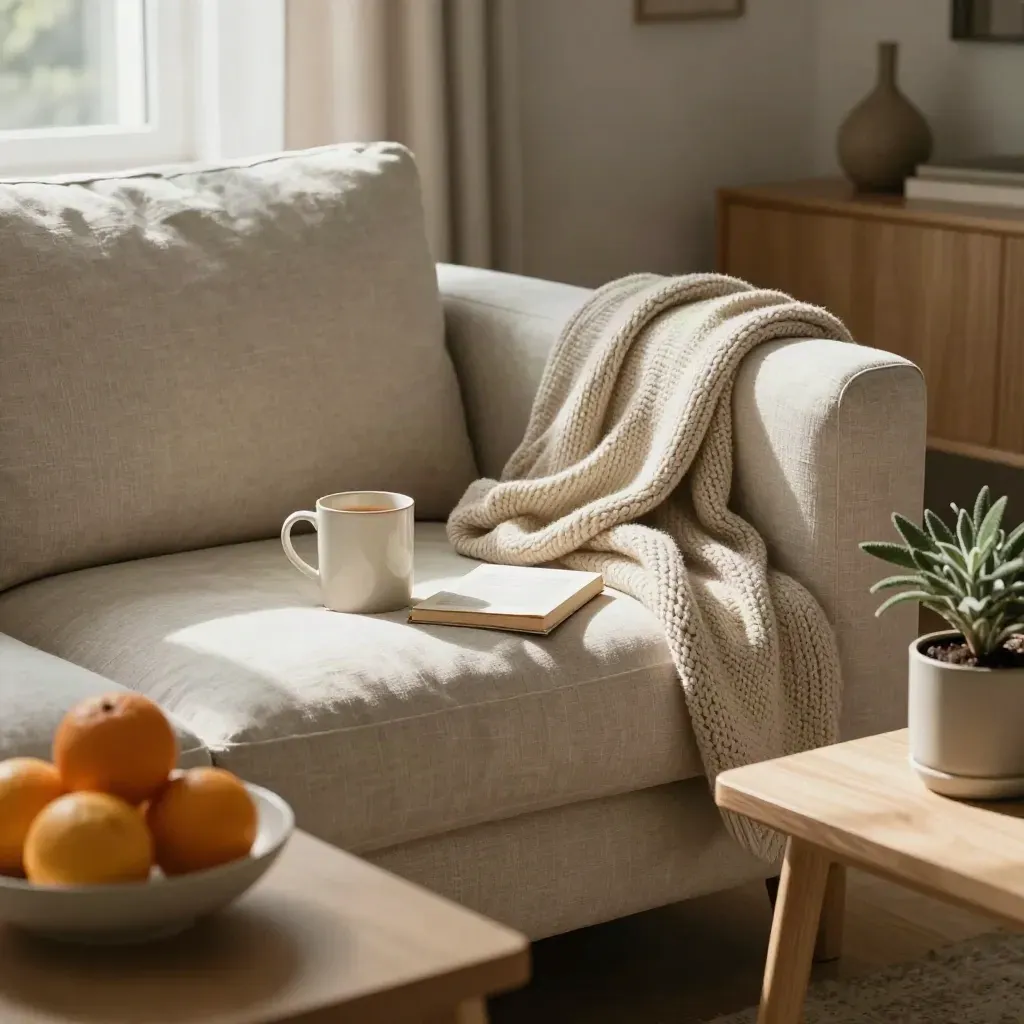 Angolo di divano in lino con tazza, libro chiuso, plaid e fruttiera in luce pomeridiana.