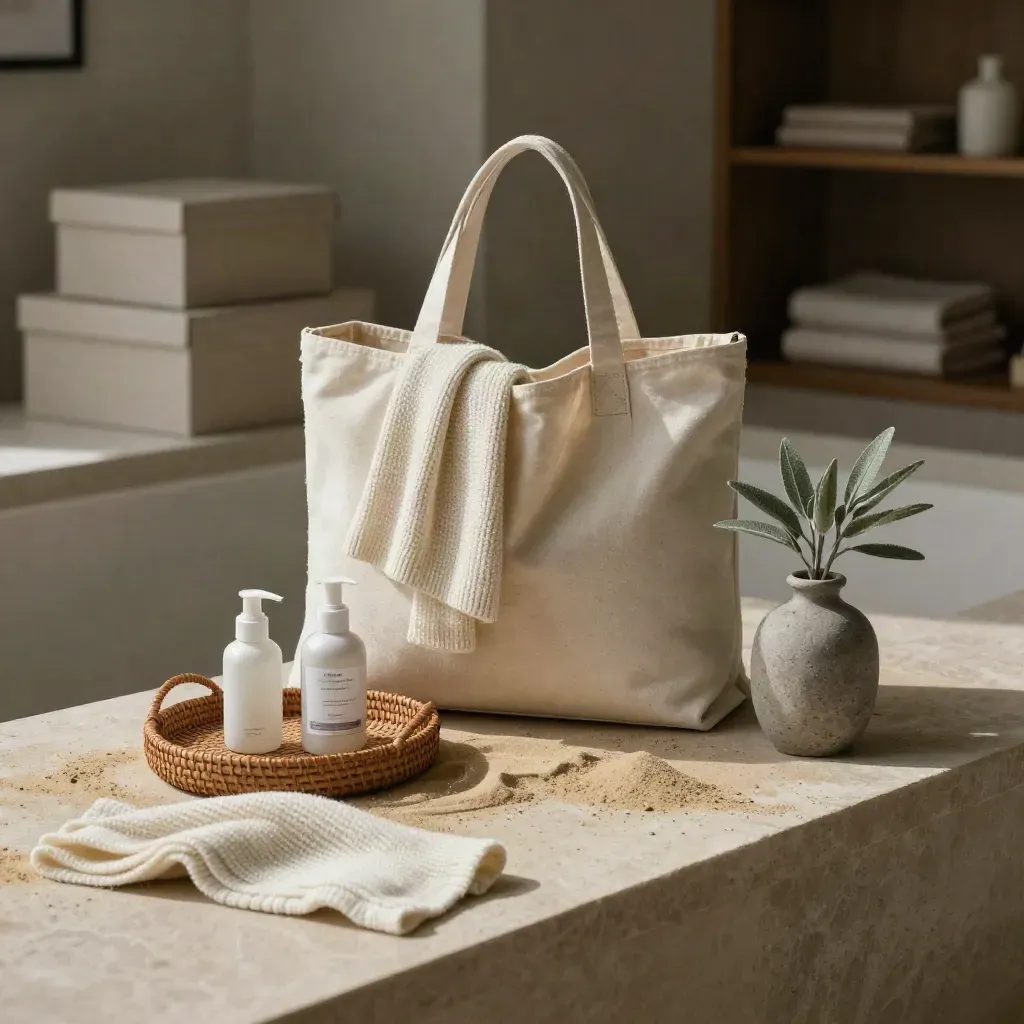 Tote da viaggio con skincare, knit e scatola su mensola luminosa dopo la pioggia
