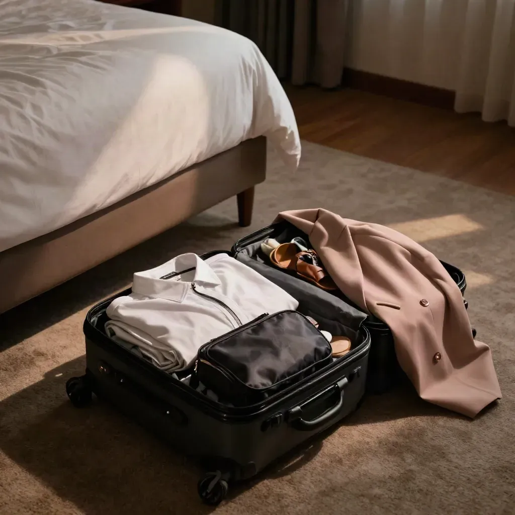 Valigia pronta in hotel con camicia, foulard, sandali e cappotto sul letto, luce serale soffusa.