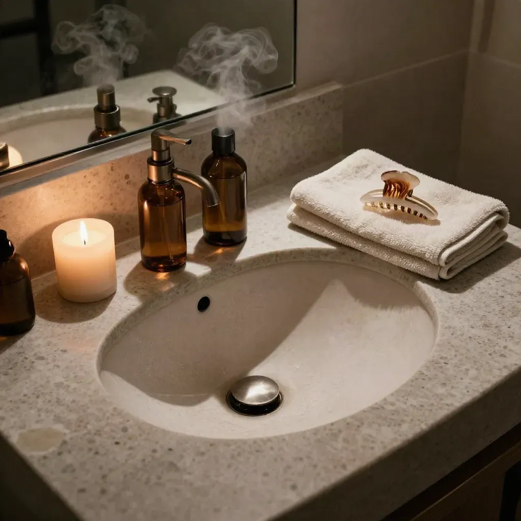 Lavabo vanity con candela accesa, flacone d'olio, asciugamano piegato e vapore caldo.