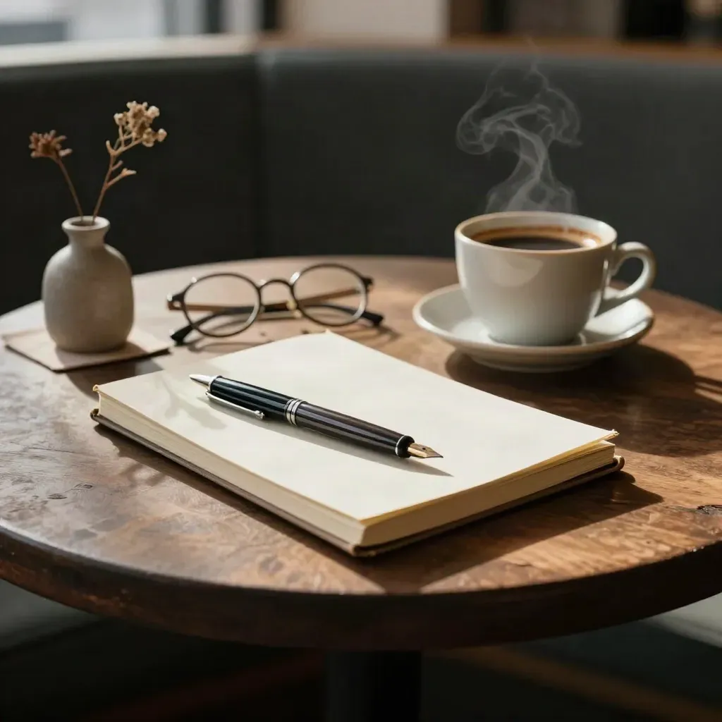 Taccuino chiuso, penna, occhiali e tazza su tavolo di caffè, luce calda del pomeriggio