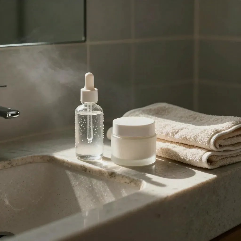 Jars skincare e flacone contagocce accanto al lavabo, con gocce di mattina.