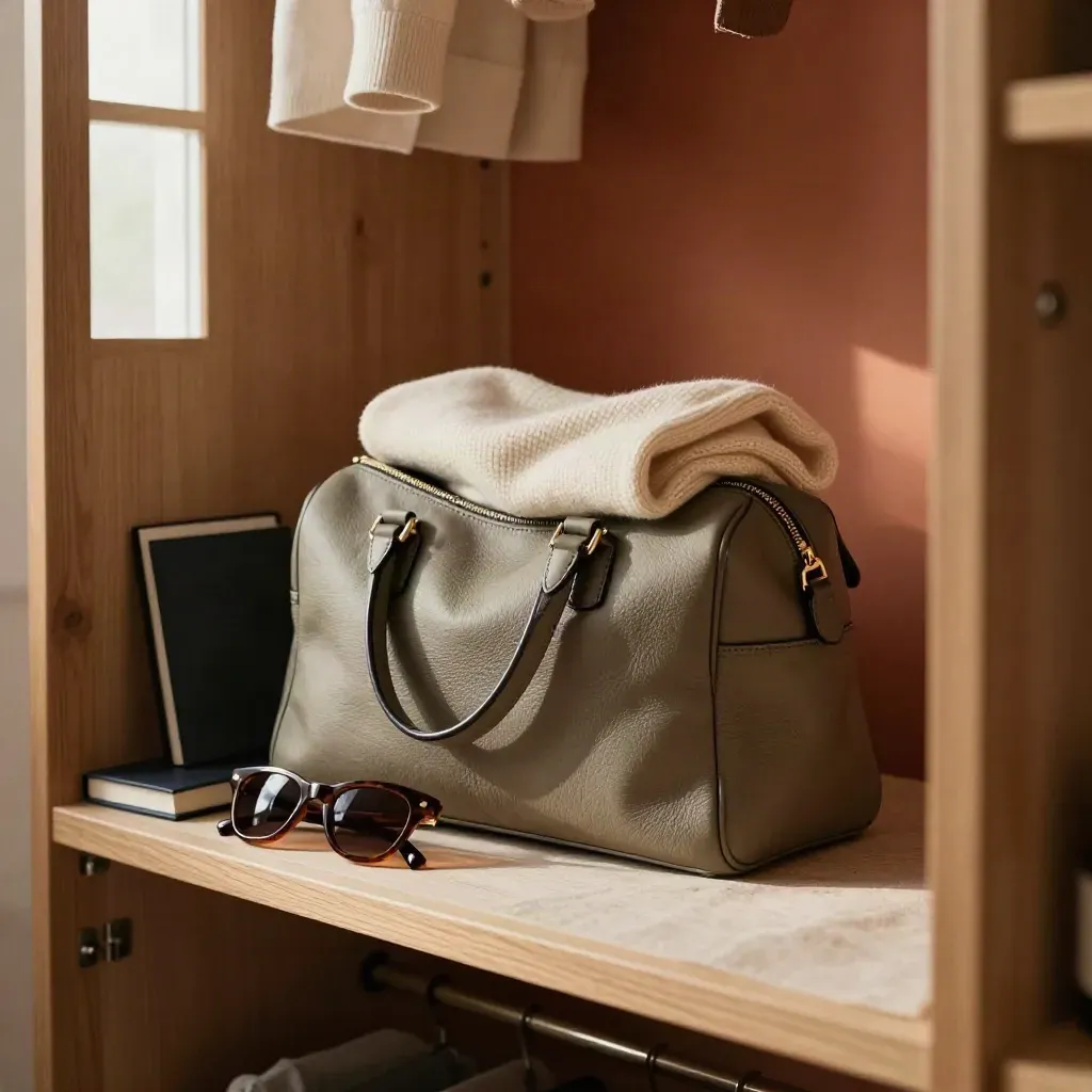 Valigia weekend aperta nell’armadio con maglione, quaderno, trousse e occhiali da sole.