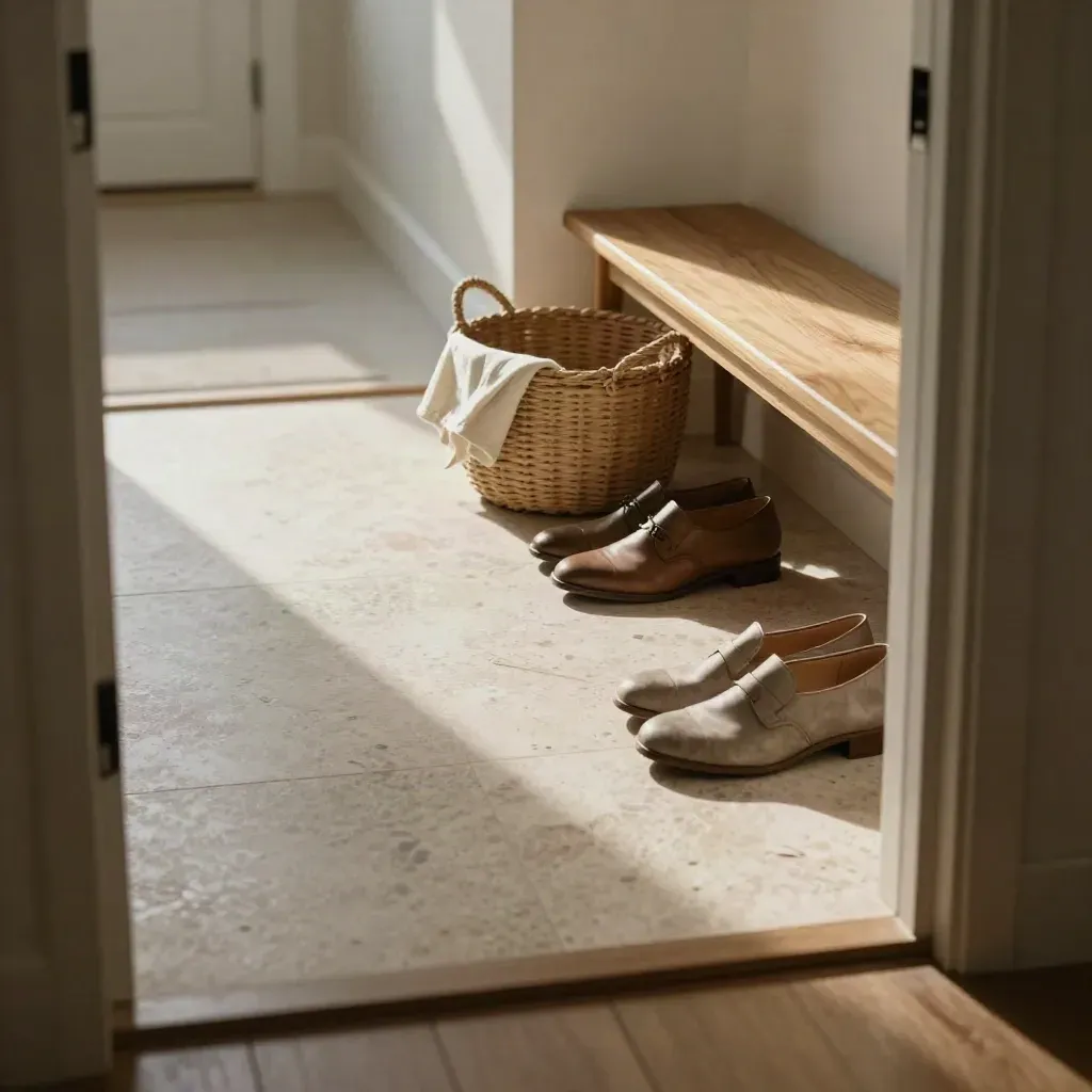 Ingresso ordinato con scarpe allineate, cestino intrecciato e luce del sole sul pavimento.