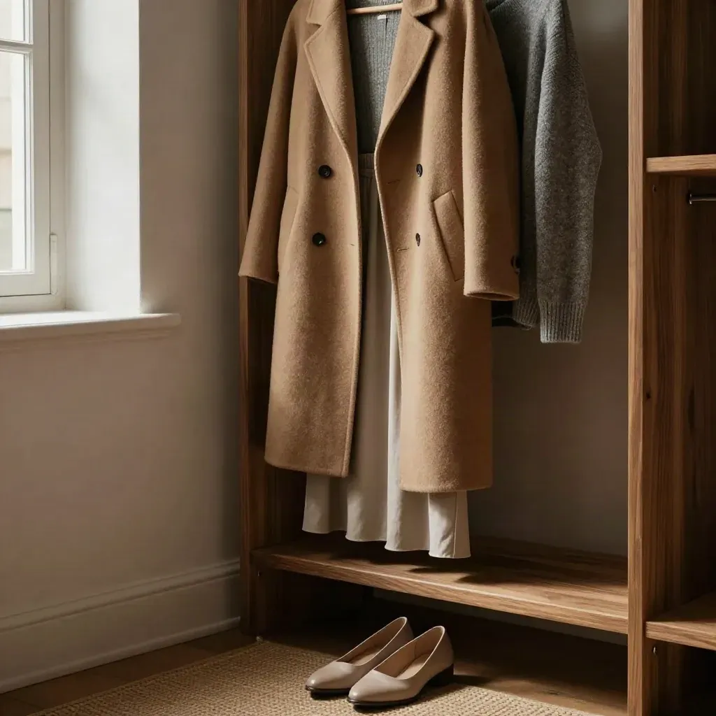 Look di stagione su gruccia, con cappotto, gonna, maglia e scarpe neutre in un armadio caldo.