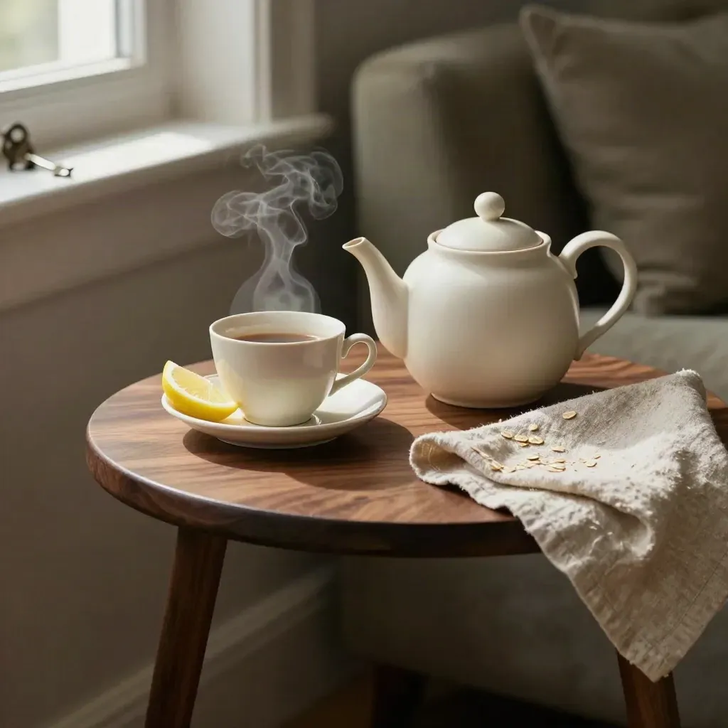 Tazza di tè fumante con teiera, limone, tovagliolo di lino e piattino su tavolino caldo.