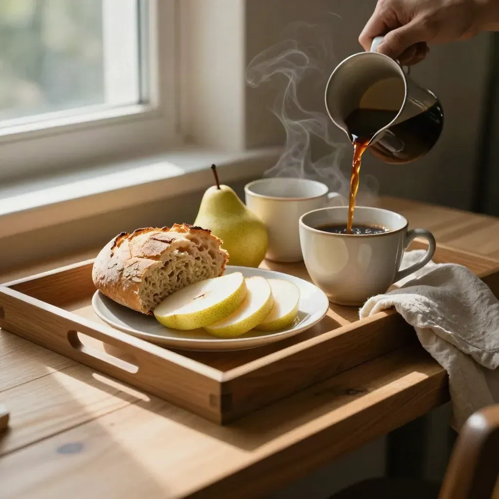 Colazione su vassoio con pane, pera e caffè in una stanza luminosa.