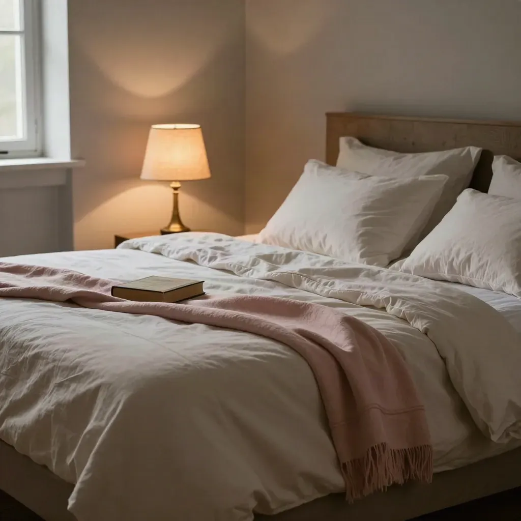 Angolo letto con lenzuola stropicciate, lampada bassa, coperta piegata e libro chiuso.