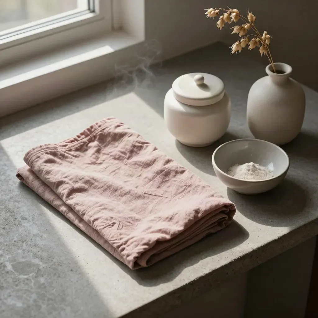 Flat lay dall’alto di lino rosa, vaso ceramica, ciotola grigia e barattolo avorio su vanità luminosa.