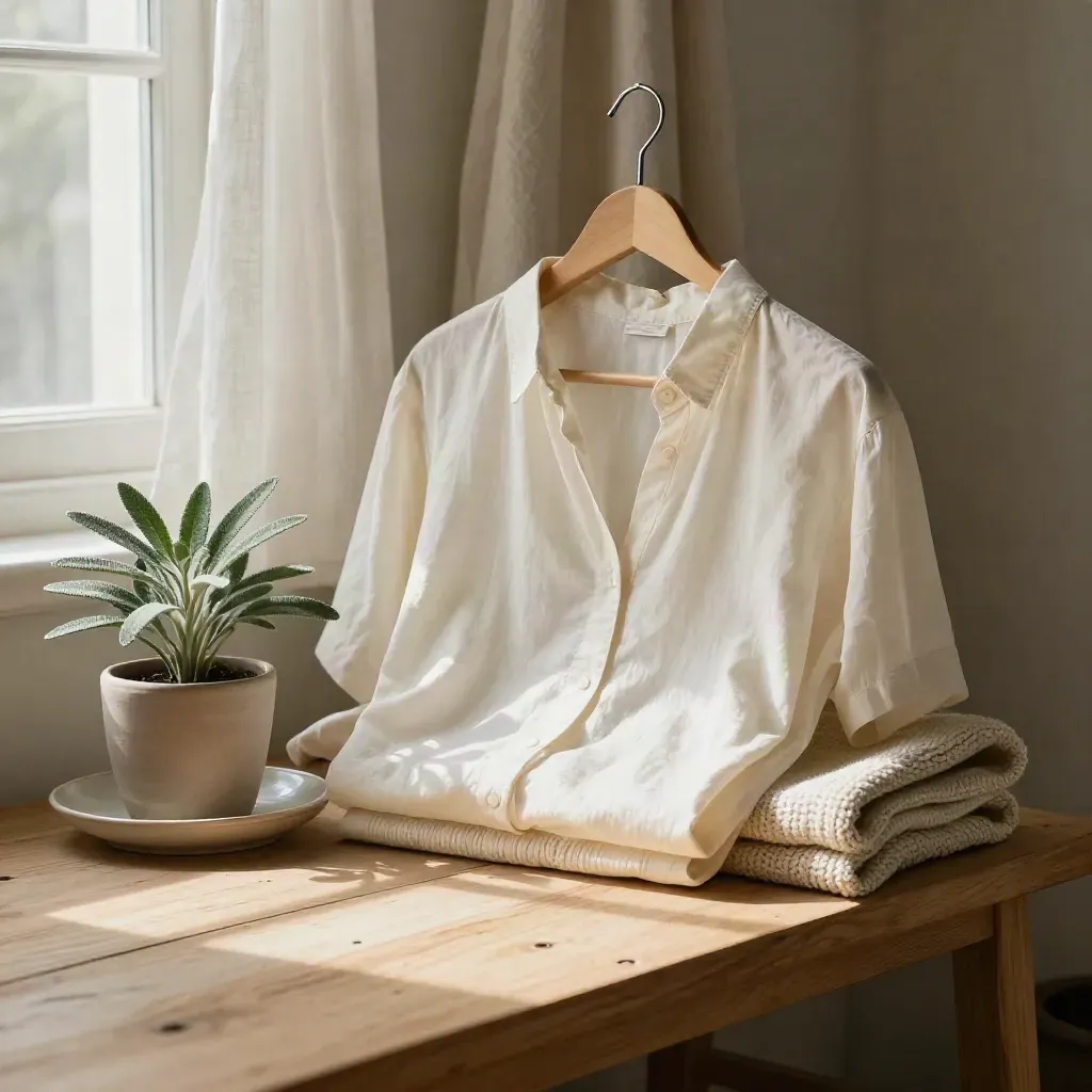 Blusa avorio su gruccia in cedro, piattino ceramico, pianta sage e maglia piegata su legno chiaro.