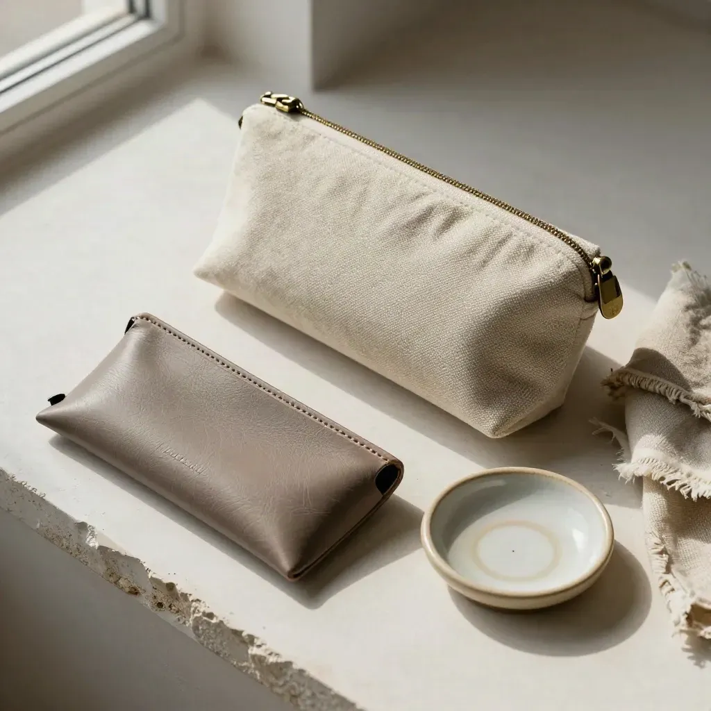 Pouch da viaggio, custodia occhiali, sciarpa di lino e piattino in ceramica su fondo chiaro.