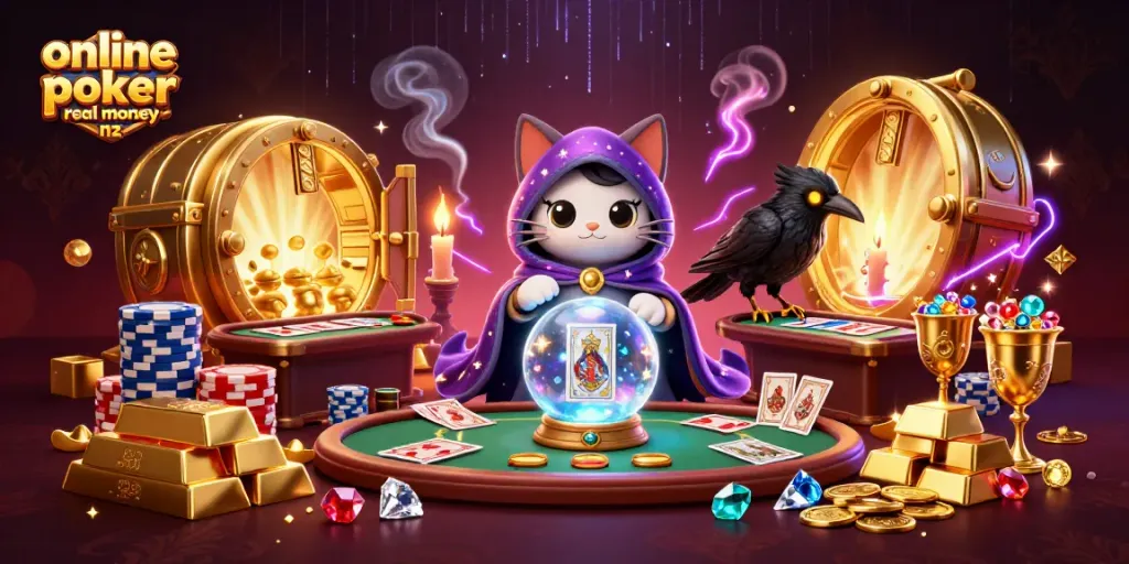 Experience the thrill of online poker real money nz with vibrant art featuring poker tables and mystic elements.