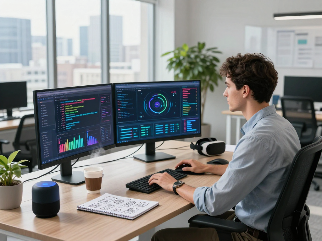 Engineer utilizes Juicy ai in a modern tech workspace full of innovative tools and vibrant displays.